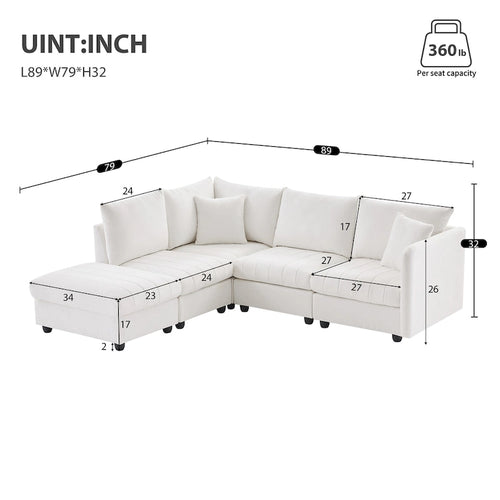 Canapé modulaire sectionnel en polyester 89 avec assise profonde et pouf ottoman