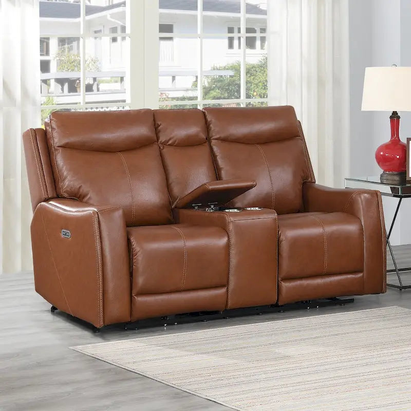 Newport Power Top Grain Leather Reclining Loveseat with Console by Greyson Living