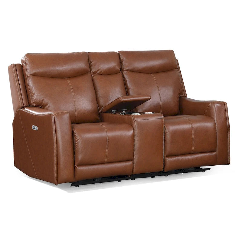Canapé deux places inclinable en cuir pleine fleur avec console