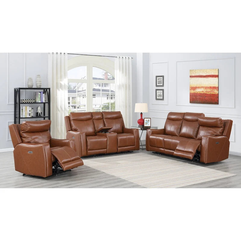 Canapé deux places inclinable en cuir pleine fleur avec console