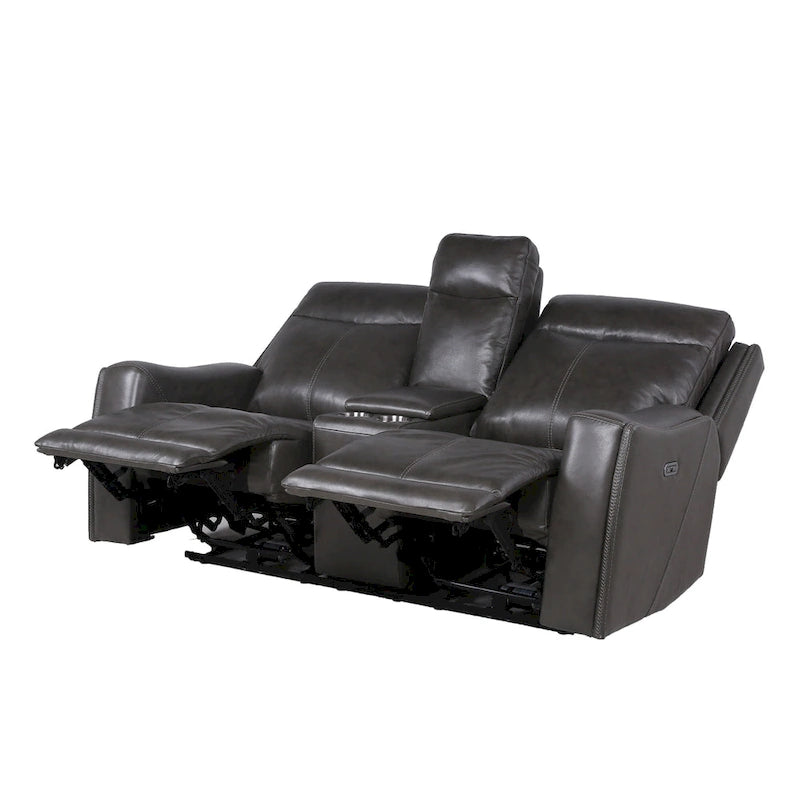 Canapé deux places inclinable en cuir pleine fleur avec console