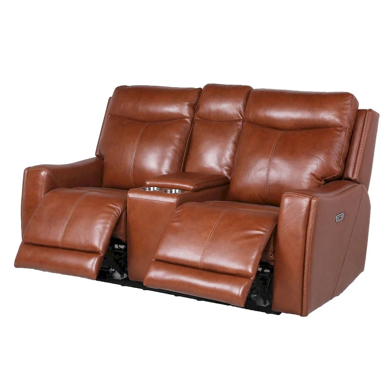 Canapé deux places inclinable en cuir pleine fleur avec console