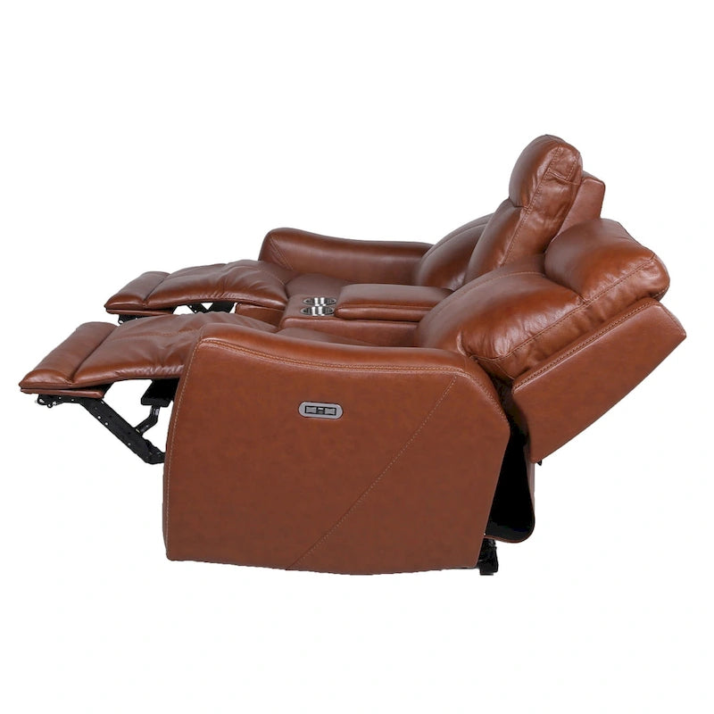 Canapé deux places inclinable en cuir pleine fleur avec console