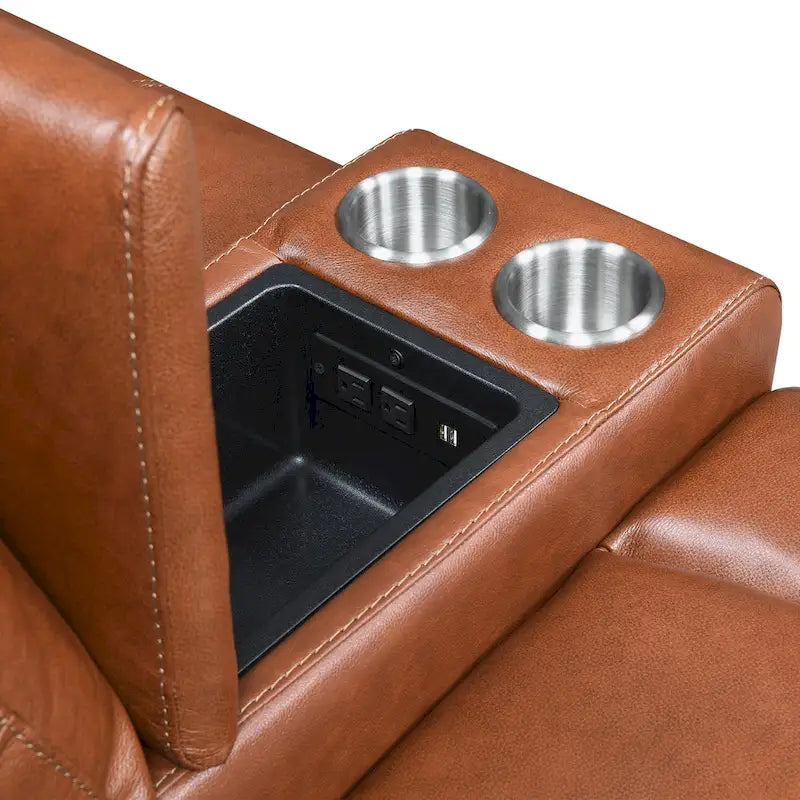 Canapé deux places inclinable en cuir pleine fleur avec console