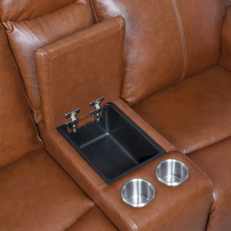 Canapé deux places inclinable en cuir pleine fleur avec console