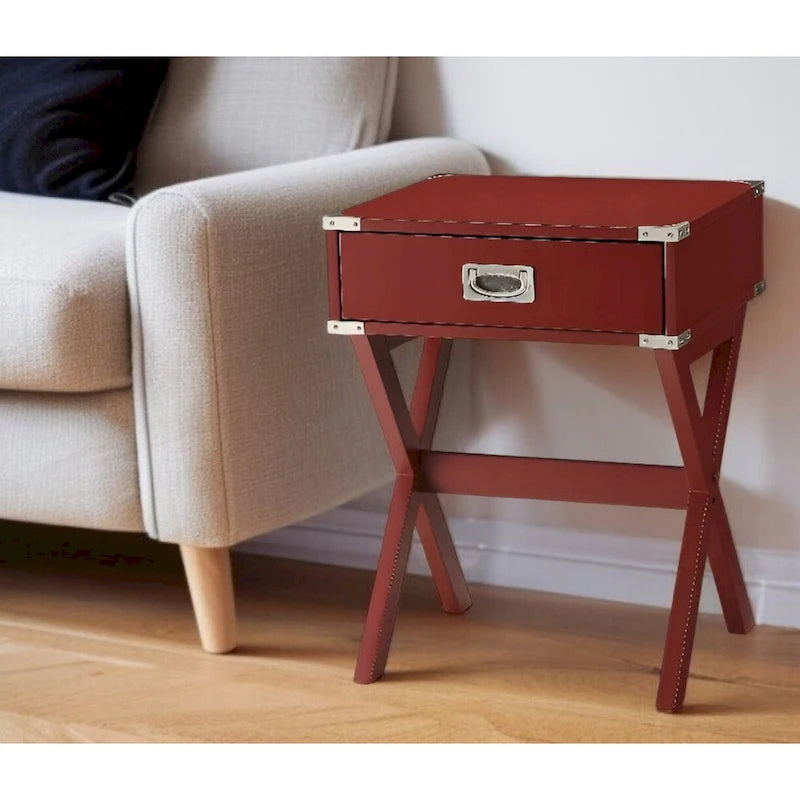 Table de bout à pieds croisés en bois rouge, 24 po, avec tiroir - 18 l x 16 P x 24 H