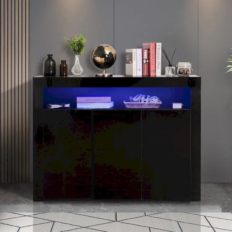Buffet de rangement laqué brillant avec éclairage LED