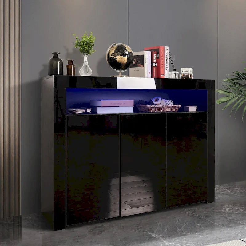 Buffet de rangement laqué brillant avec éclairage LED