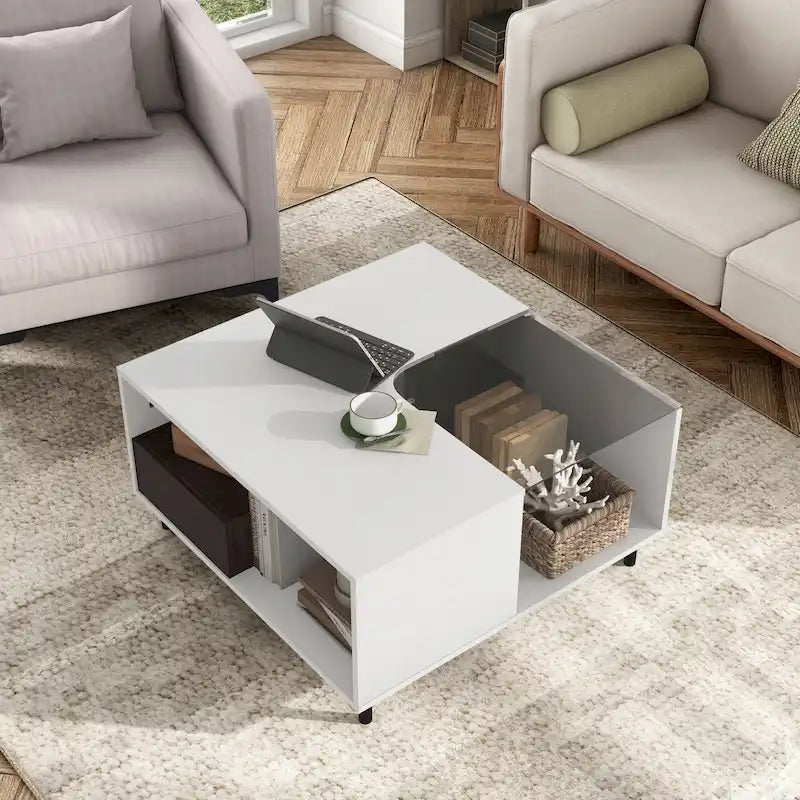 Table basse carrée blanche moderne avec éclairage LED 16 couleurs, étagère et tiroir