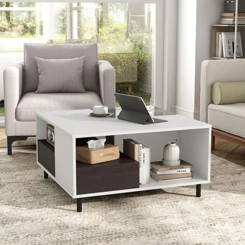 DH BASIC Modern White Square Coffee Table with 16 Colors LED Light, Shelf, and Drawer by Denhour
