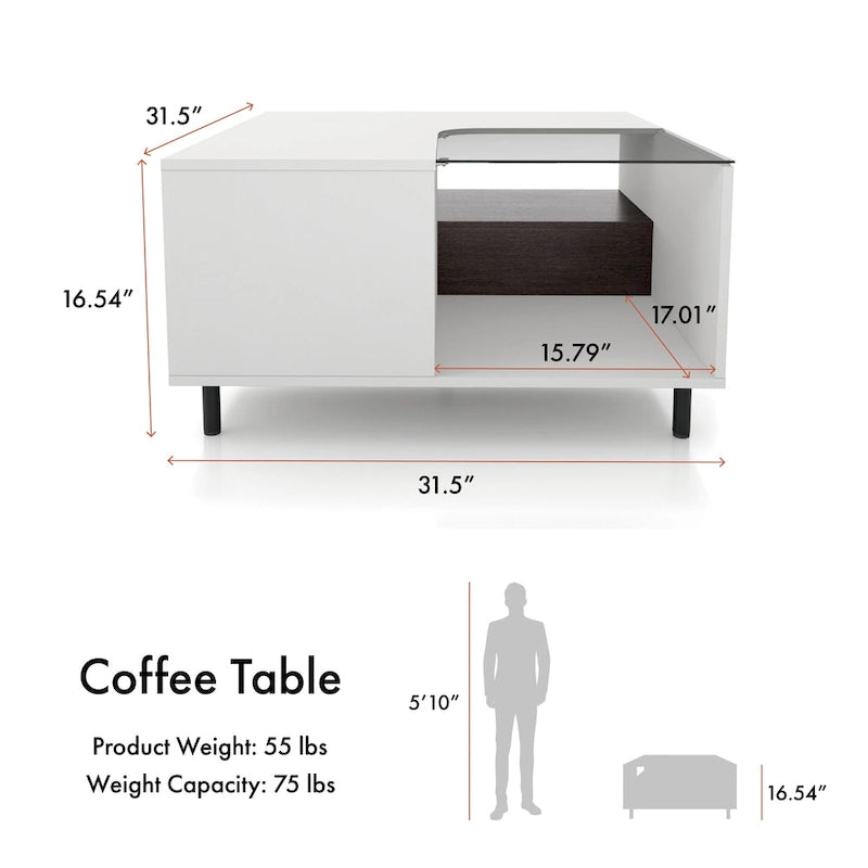 Table basse carrée blanche moderne avec éclairage LED 16 couleurs, étagère et tiroir