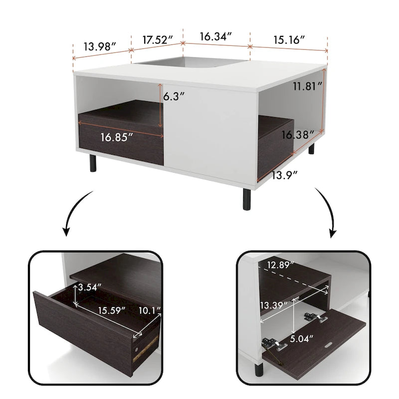 Table basse carrée blanche moderne avec éclairage LED 16 couleurs, étagère et tiroir