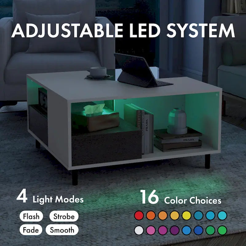 Table basse carrée blanche moderne avec éclairage LED 16 couleurs, étagère et tiroir