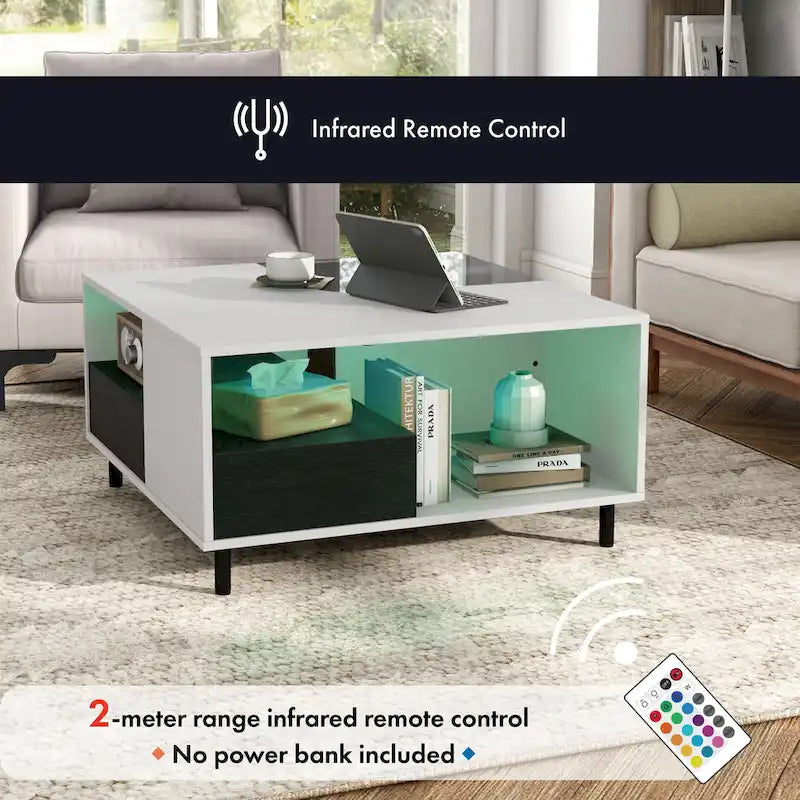 Table basse carrée blanche moderne avec éclairage LED 16 couleurs, étagère et tiroir