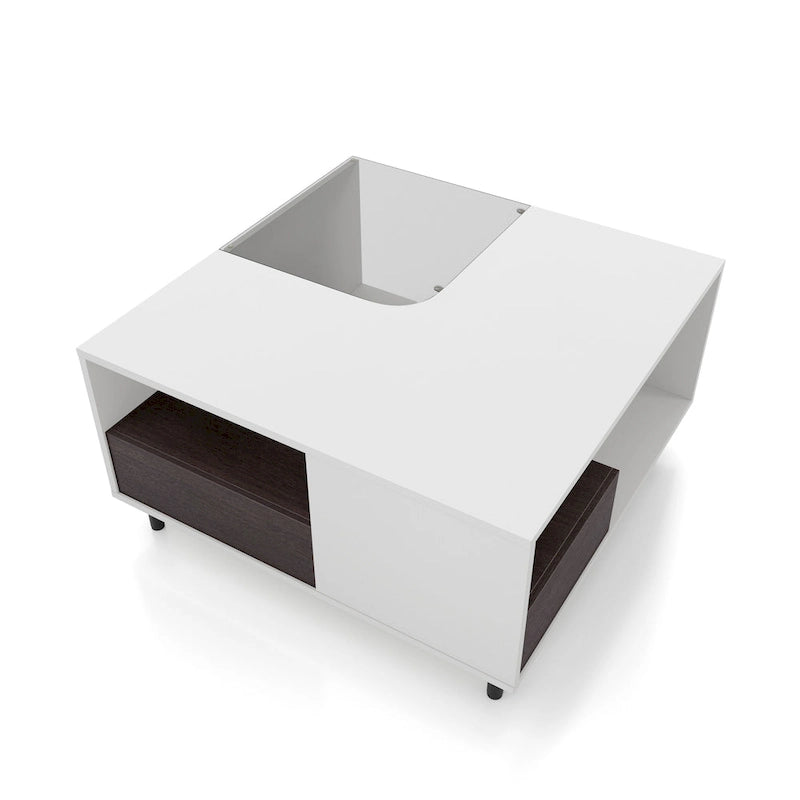 Table basse carrée blanche moderne avec éclairage LED 16 couleurs, étagère et tiroir