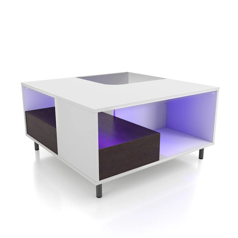 Table basse carrée blanche moderne avec éclairage LED 16 couleurs, étagère et tiroir