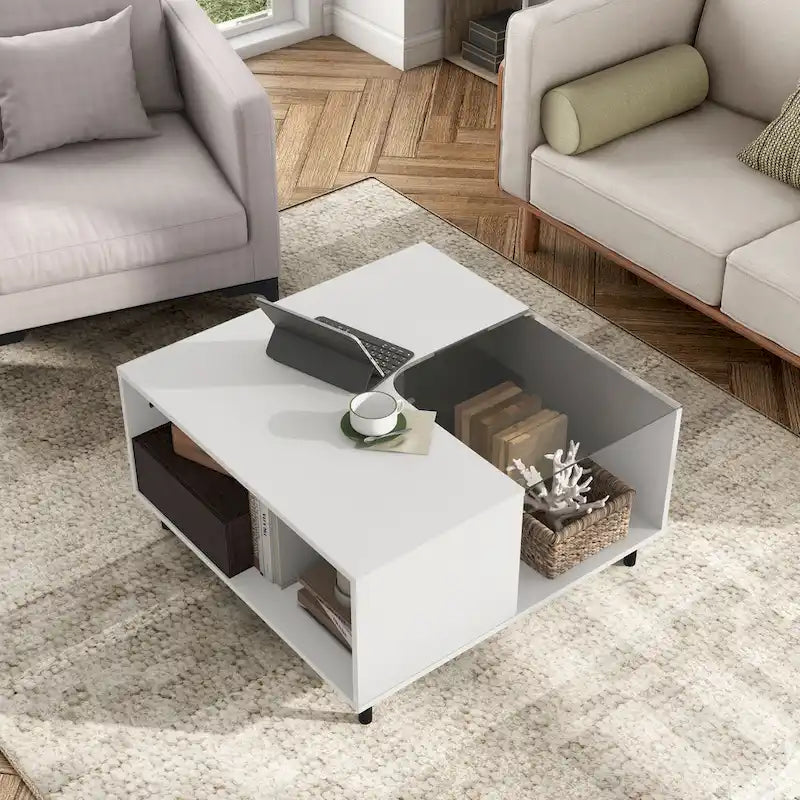 Table basse carrée blanche moderne avec éclairage LED 16 couleurs, étagère et tiroir