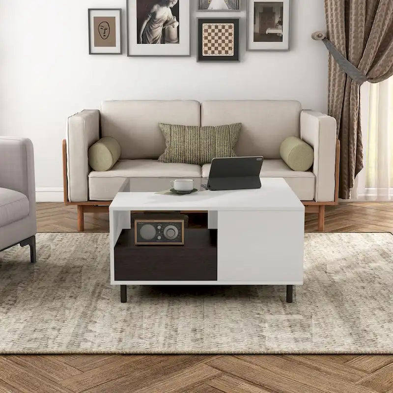 Table basse carrée blanche moderne avec éclairage LED 16 couleurs, étagère et tiroir