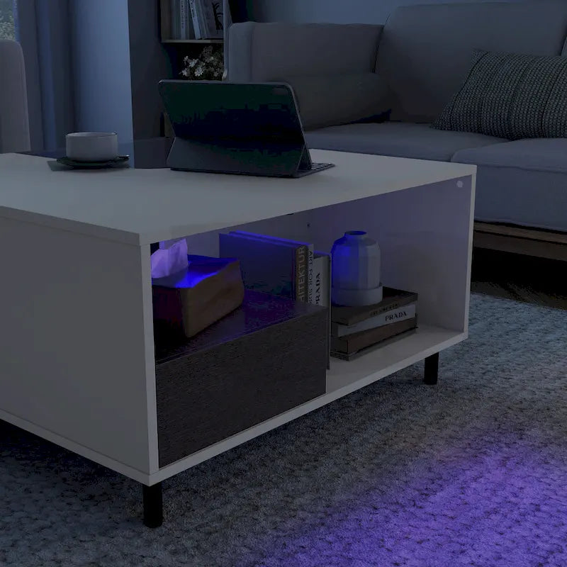 Table basse carrée blanche moderne avec éclairage LED 16 couleurs, étagère et tiroir