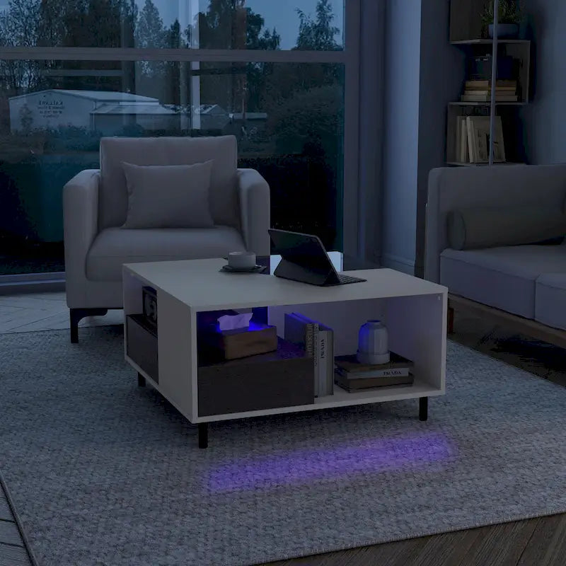 Table basse carrée blanche moderne avec éclairage LED 16 couleurs, étagère et tiroir