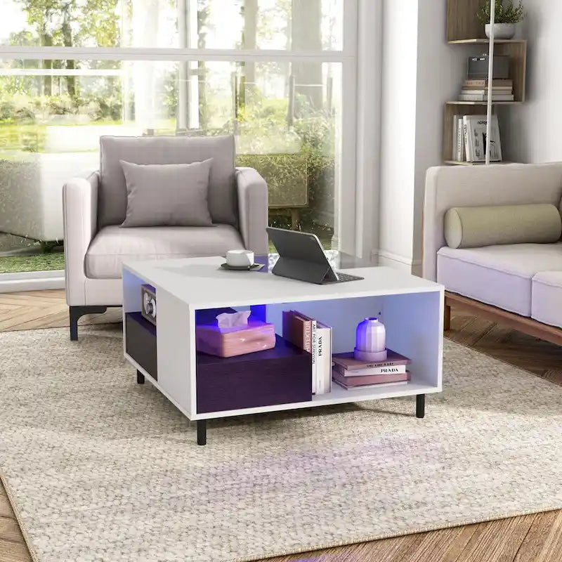 Table basse carrée blanche moderne avec éclairage LED 16 couleurs, étagère et tiroir