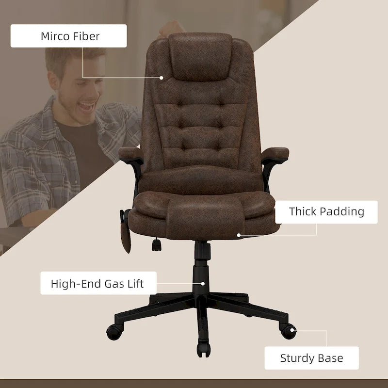 Fauteuil de bureau massant à points de vibration avec fonction chauffante, fauteuil de direction à dossier haut en microfibre avec dossier inclinable