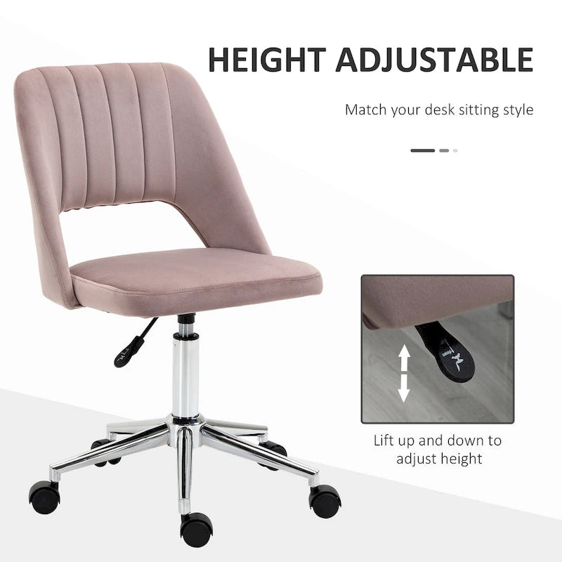 Chaise de bureau moderne à dossier mi-haut en velours, fauteuil de bureau pivotant sans accoudoirs