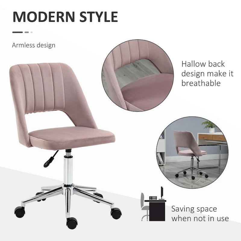 Chaise de bureau moderne à dossier mi-haut en velours, fauteuil de bureau pivotant sans accoudoirs