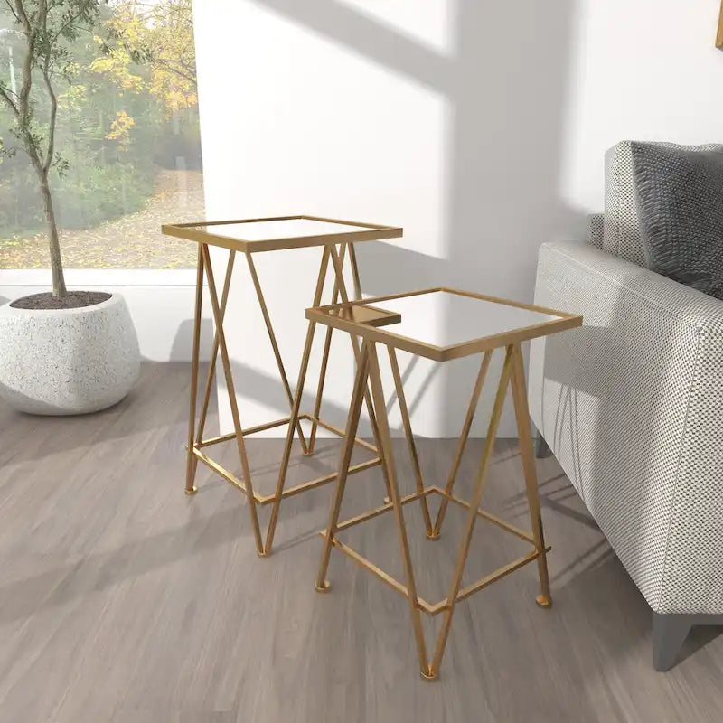 Table d'appoint contemporaine en métal doré, argenté ou noir avec plateau en verre miroir (lot de 2) - 15 x 15 x 25