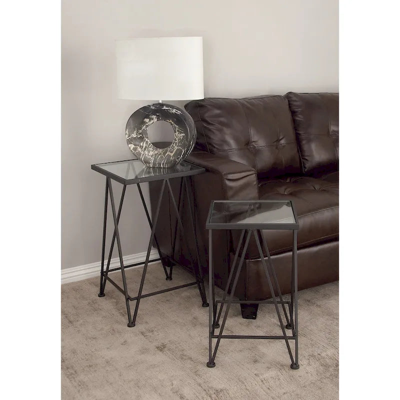 Table d'appoint contemporaine en métal doré, argenté ou noir avec plateau en verre miroir (lot de 2) - 15 x 15 x 25
