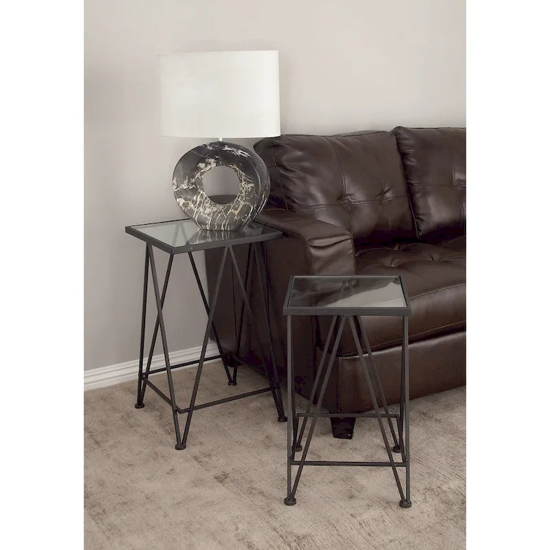 Table d'appoint contemporaine en métal doré, argenté ou noir avec plateau en verre miroir (lot de 2) - 15 x 15 x 25