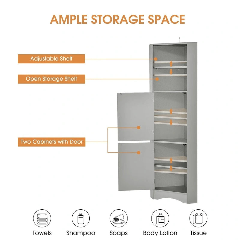 Meuble de salle de bain d'angle haut sur pied avec étagères réglables