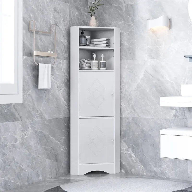 Meuble de salle de bain d'angle haut sur pied avec étagères réglables
