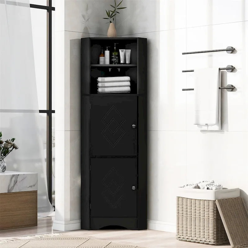 Meuble de salle de bain d'angle haut sur pied avec étagères réglables