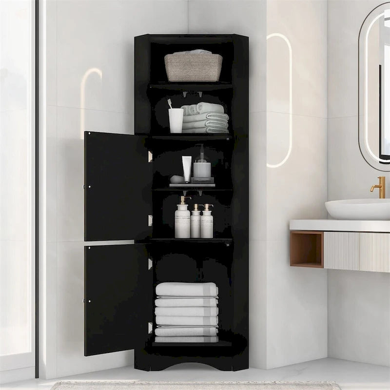 Meuble de salle de bain d'angle haut sur pied avec étagères réglables