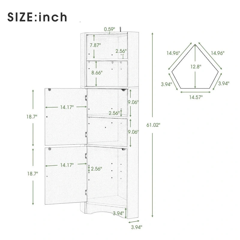 Meuble de salle de bain d'angle haut sur pied avec étagères réglables