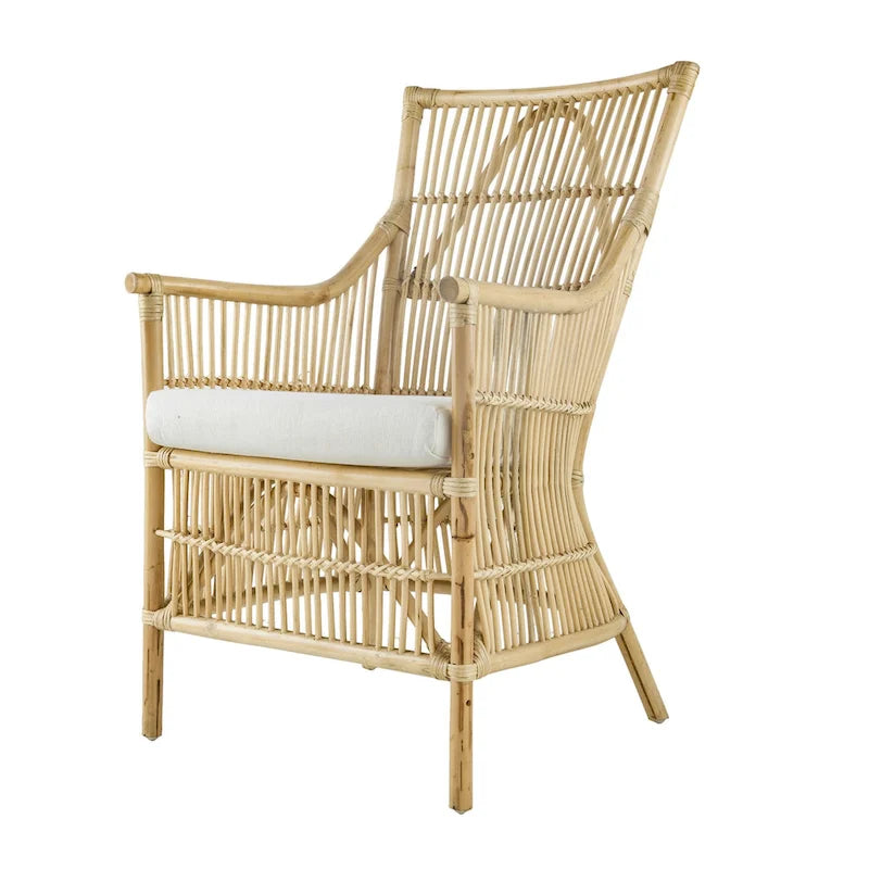 23 Inch Rattan Dining Armchair, White Fabric Padded Seat, Natural Brown