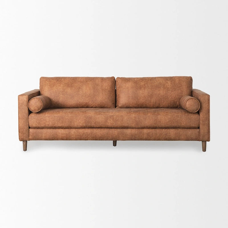 Canapé trois places en similicuir marron cognac avec coussins traversins - 87,9 L x 36,2 P x 33,8 H