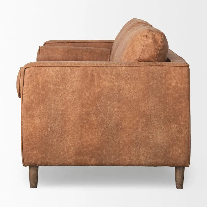 Canapé trois places en similicuir marron cognac avec coussins traversins - 87,9 L x 36,2 P x 33,8 H