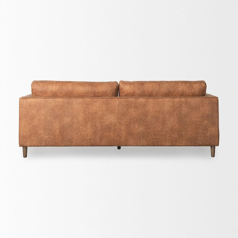 Canapé trois places en similicuir marron cognac avec coussins traversins - 87,9 L x 36,2 P x 33,8 H