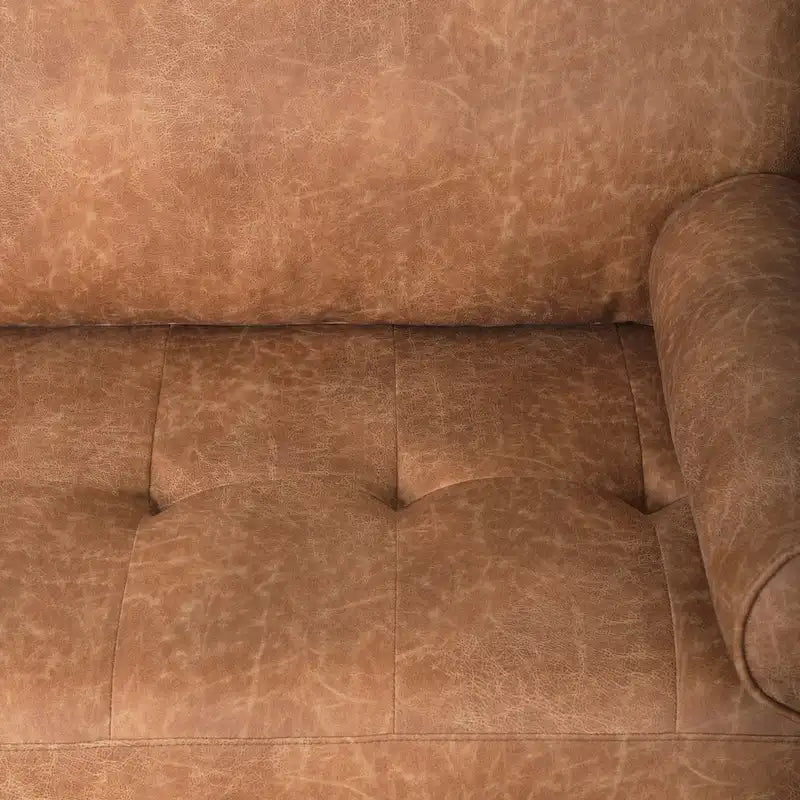 Canapé trois places en similicuir marron cognac avec coussins traversins - 87,9 L x 36,2 P x 33,8 H