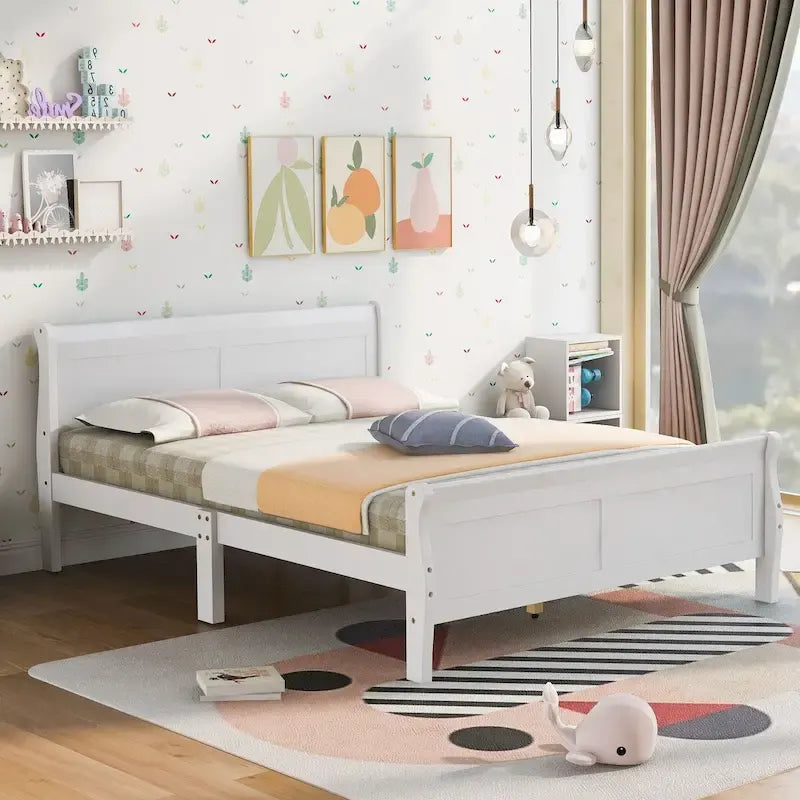 Lit plateforme double en bois avec tête de lit et support à lattes, design minimaliste pour chambre à coucher