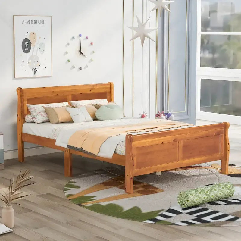 Lit plateforme double en bois avec tête de lit et support à lattes, design minimaliste pour chambre à coucher