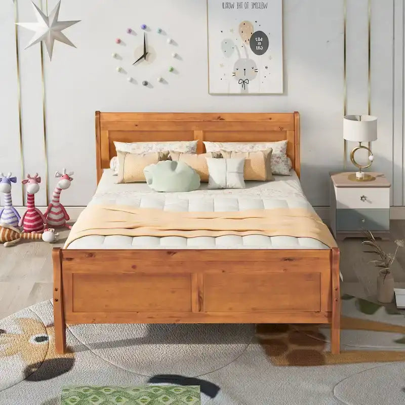 Lit plateforme double en bois avec tête de lit et support à lattes, design minimaliste pour chambre à coucher