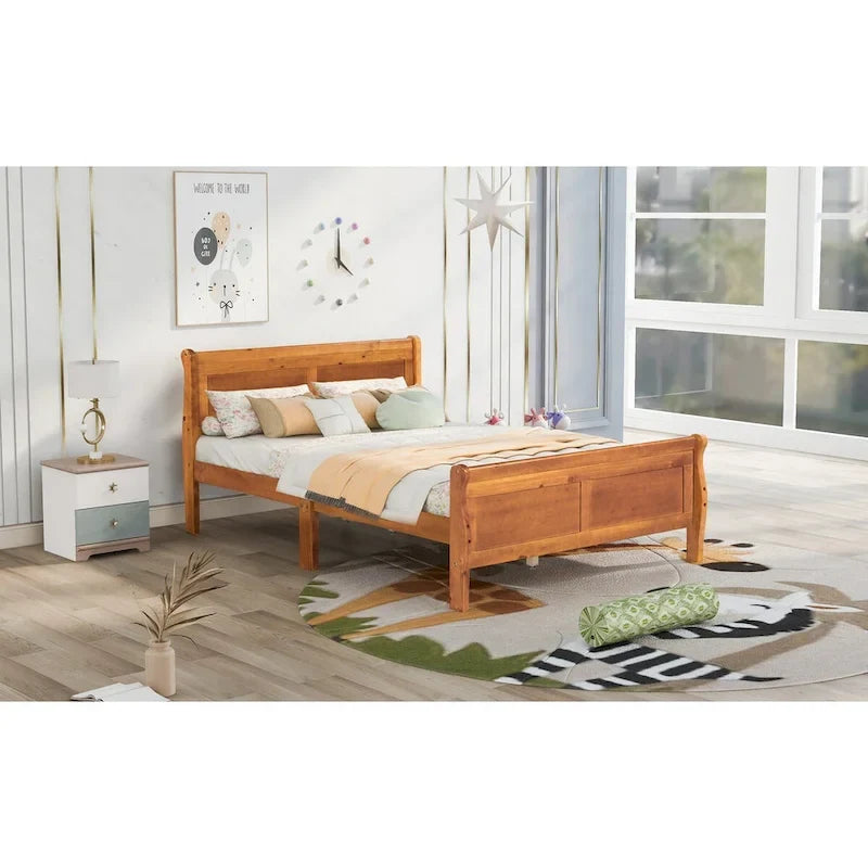 Lit plateforme double en bois avec tête de lit et support à lattes, design minimaliste pour chambre à coucher