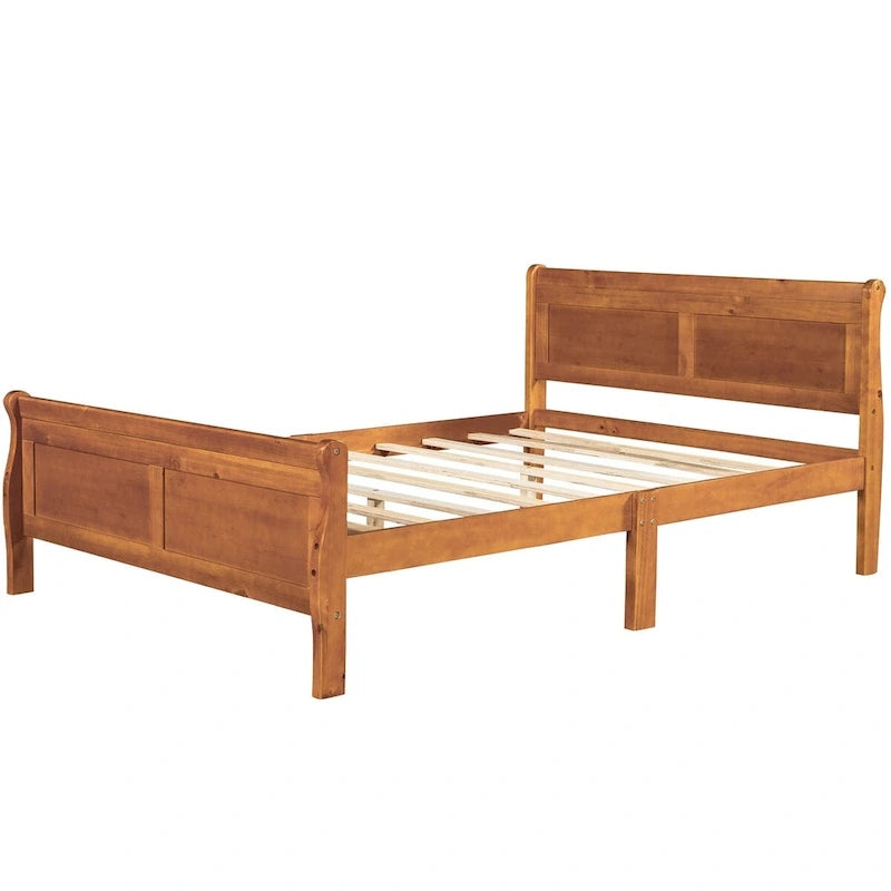 Lit plateforme double en bois avec tête de lit et support à lattes, design minimaliste pour chambre à coucher