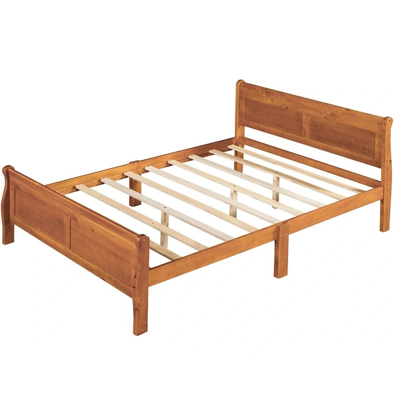 Lit plateforme double en bois avec tête de lit et support à lattes, design minimaliste pour chambre à coucher