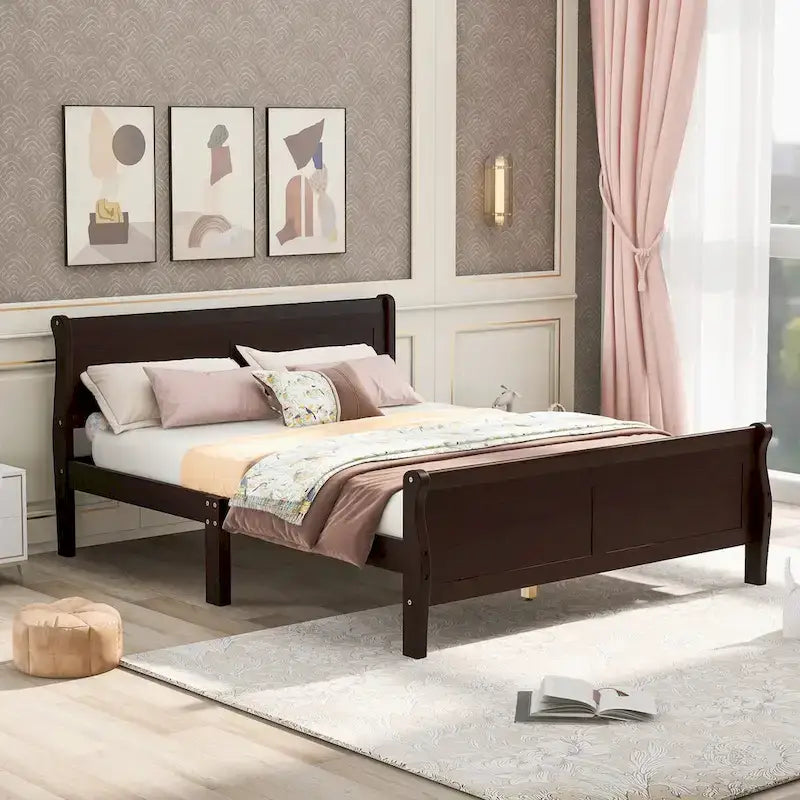Lit plateforme double en bois avec tête de lit et support à lattes, design minimaliste pour chambre à coucher