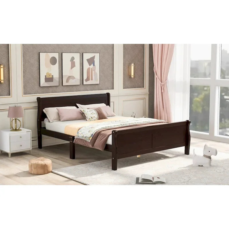 Lit plateforme double en bois avec tête de lit et support à lattes, design minimaliste pour chambre à coucher