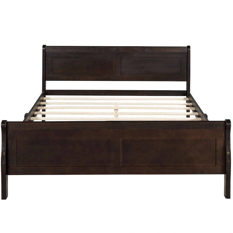 Lit plateforme double en bois avec tête de lit et support à lattes, design minimaliste pour chambre à coucher